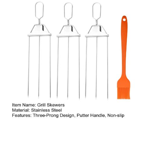 3-Prong Grill Skewers, Stainless Steel BBQ Skewers with Pusher, Rust-proof Grill Sticks for Meat Vegetables Chicken Shrimp, Outdoor Cooking Essential