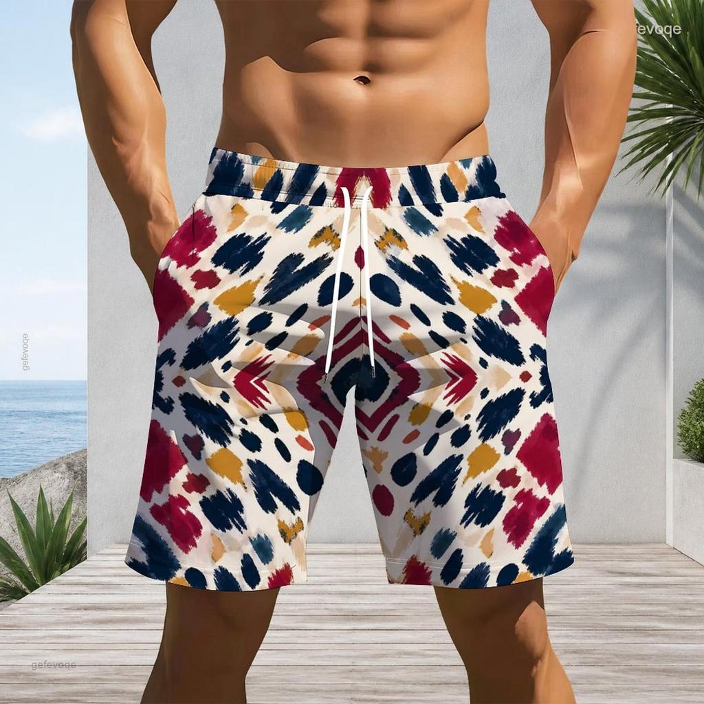 Men Plus Size Printed Beach Shorts Drawstring Waist Side Pockets Straight Leg