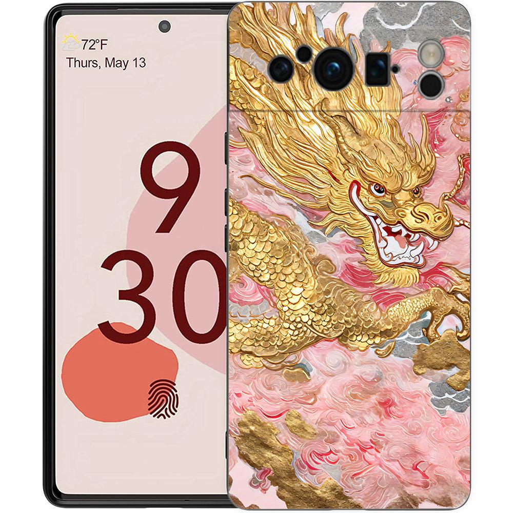 Phone Case For Google Pixel 8 7 6 Pro 8A 7A 6A TPU Shell Soft Silicone Shockproof Black Cover Illusory Color Chinese Dragon