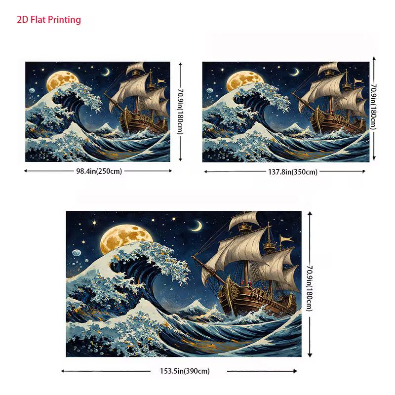 2D Starry Night Pirate Ship Backdrop Big Ocean Waves & Moonlight Background for Studio