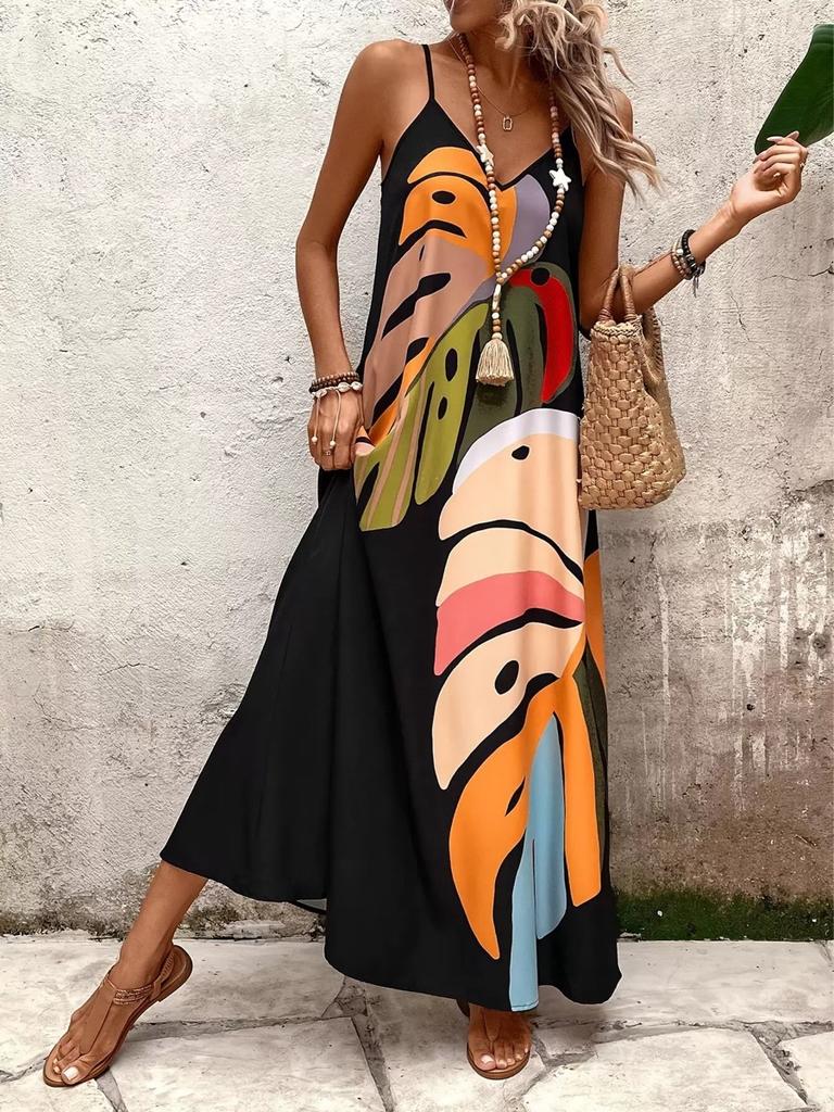 European and American Large Size Bohemian Suspender Long Skirt V-neck Loose Print Leopard Print Zebra Drape Seaside Vacation Long