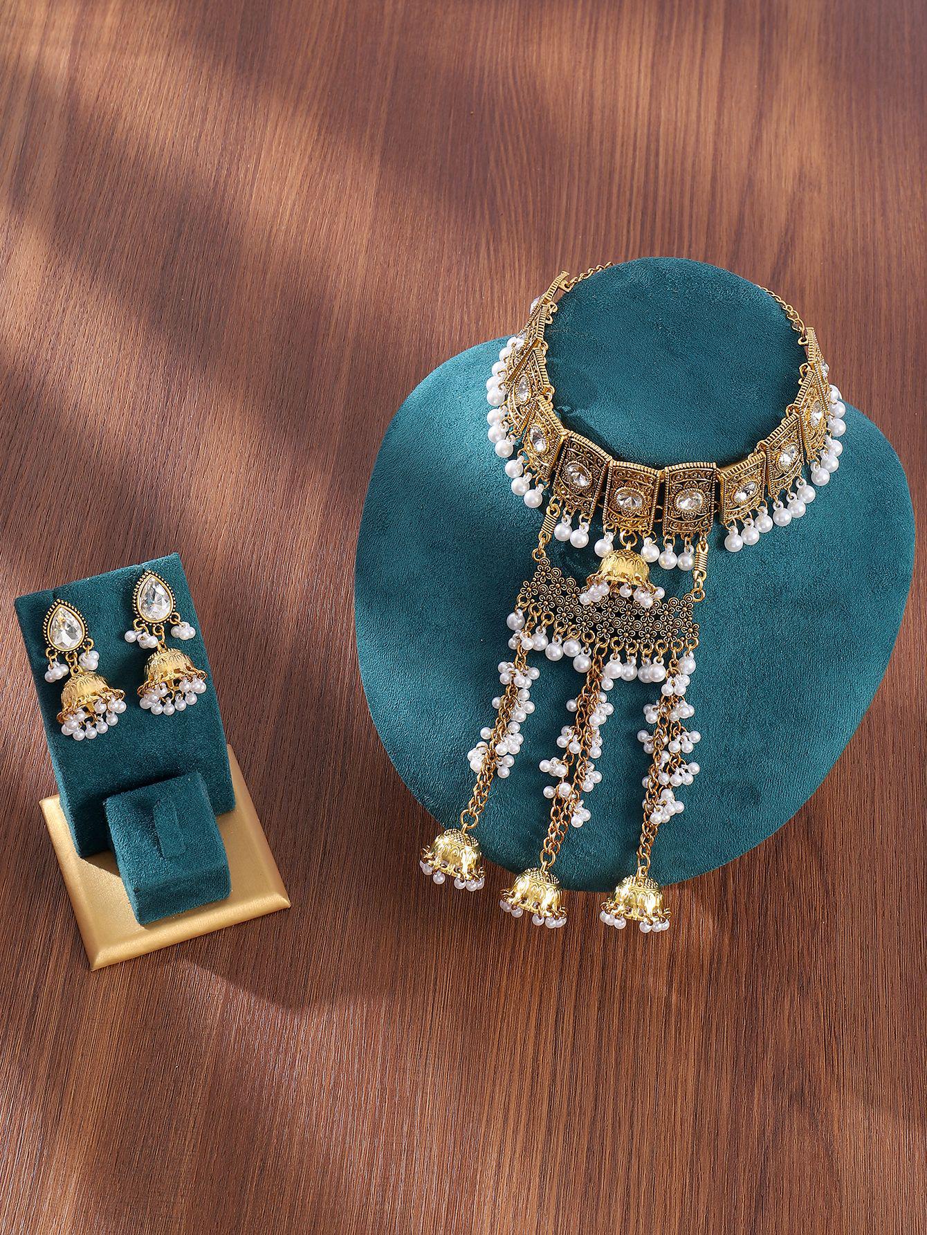 Bohemian Rhinestone Tassel Pearl Necklace and Earring Set