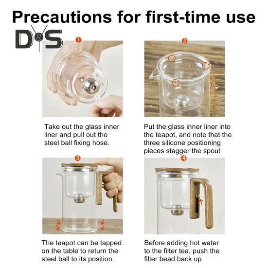 Szklany czajniczek z oddzieleniem wody, drewnianym uchwytem, szklany czajniczek z zaparzaczem, dzióbek zapobiegający kapaniu, Dzbanek do parzenia herbaty