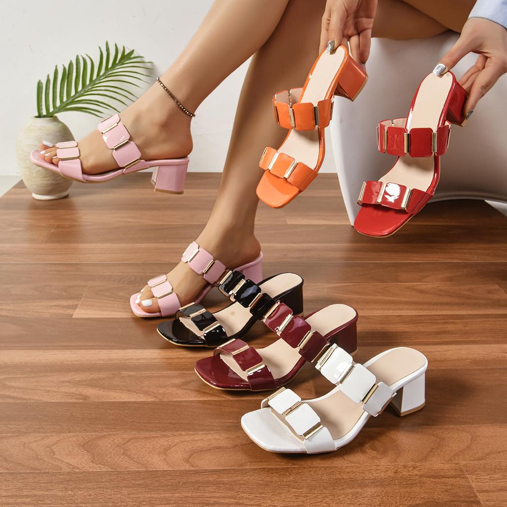 Fashion Women High Heel Sandals Summer Open Toe Sandals Fashion Pu Leather Metal Bing Lady Shoes Slip-on Slides Sexy Party Dress Shoes