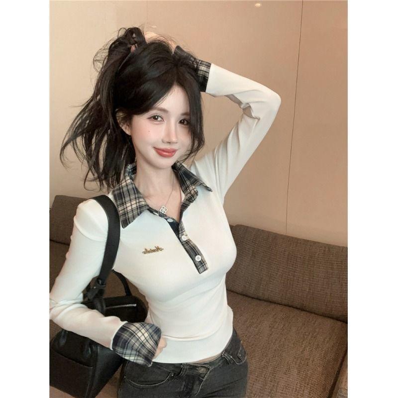 Plaid False Two Piece Long Sleeve T Shirt Women Early Spring Slim Fit Top Elegant Base Layer