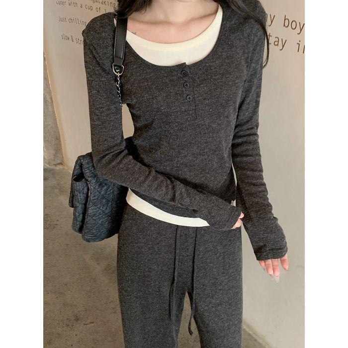 

Сезонный костюм-двойка 2025: Топ с длинным рукавом и широкие брюки на кулиске для женщин XL