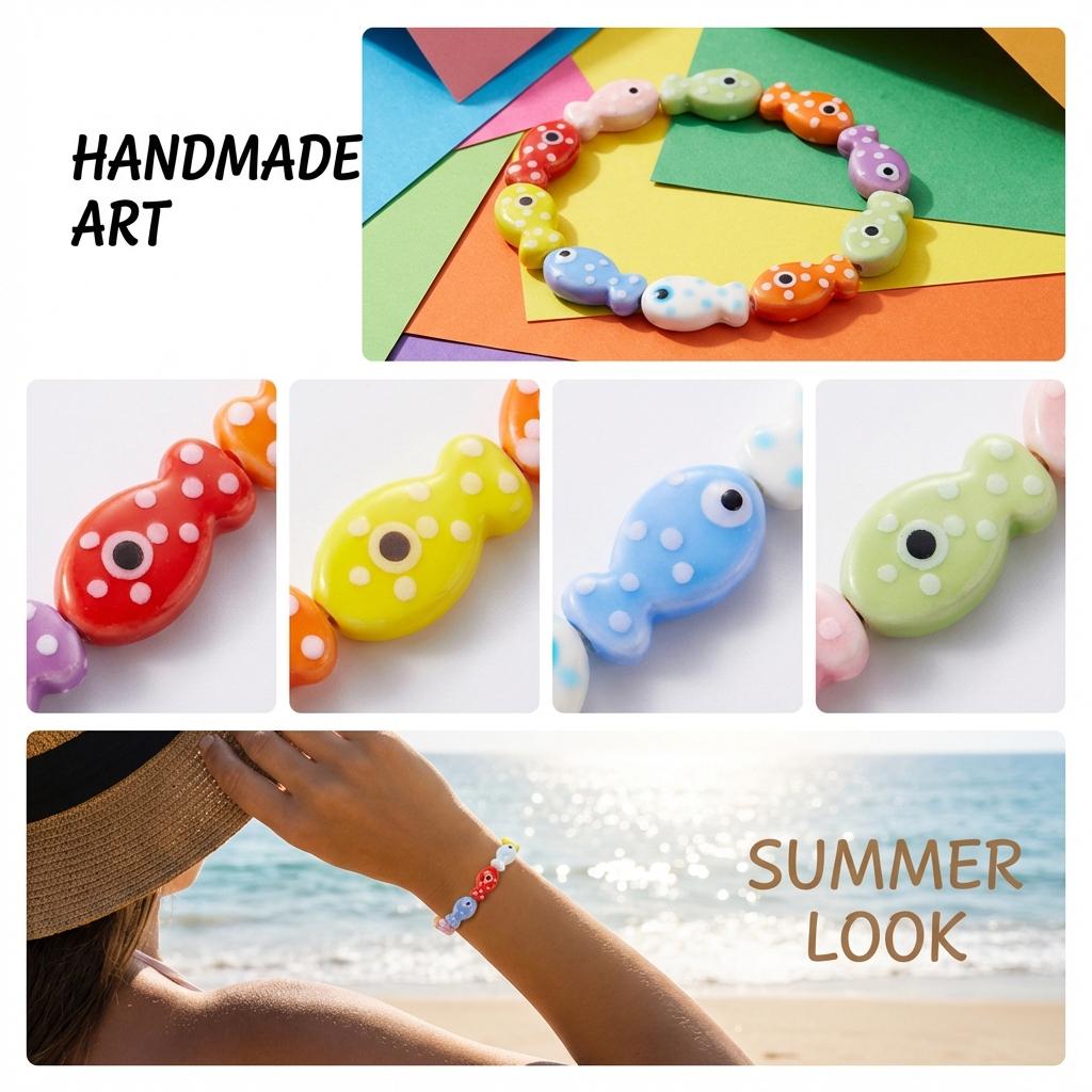 Handmade Lucky Koi Fish Stretch Bracelet for Women Girl Bohemia Colorful Ceramic Fish Beaded Bracelet Aesthetic Y2K Jewelry