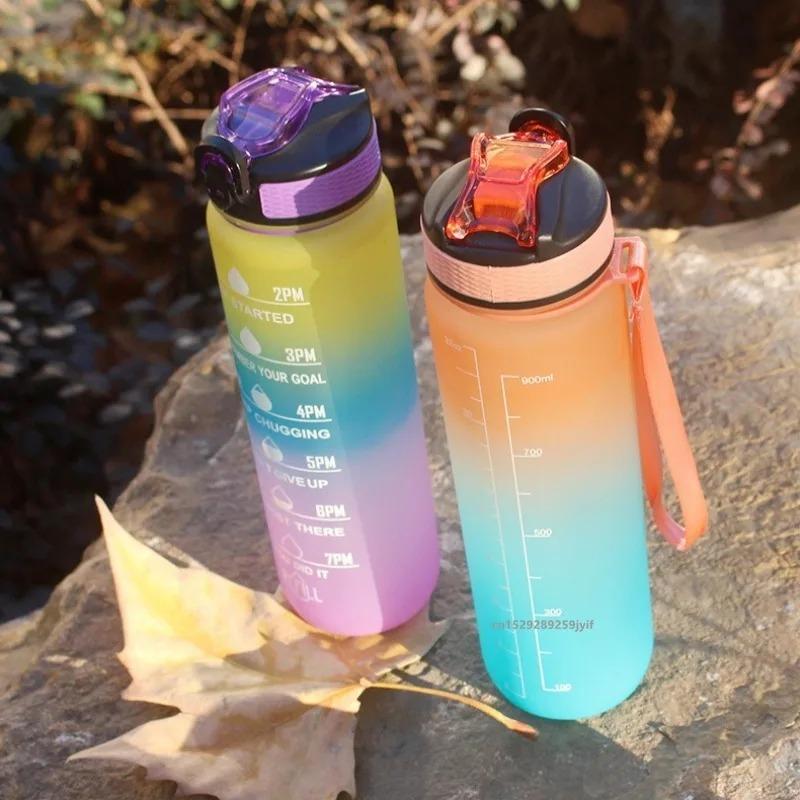 Large Capacity Water Bottle With Time Marker And Straw Gradient Color Leakproof Drinking Sports Bottle For Fitness Gym Outdoor