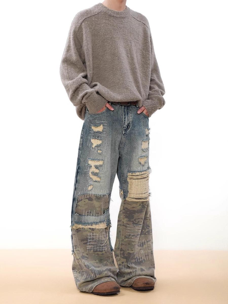 

JYL Men s Camo Jeans Vintage Patchwork Ripped Loose Wide-Leg Casual Denim XL