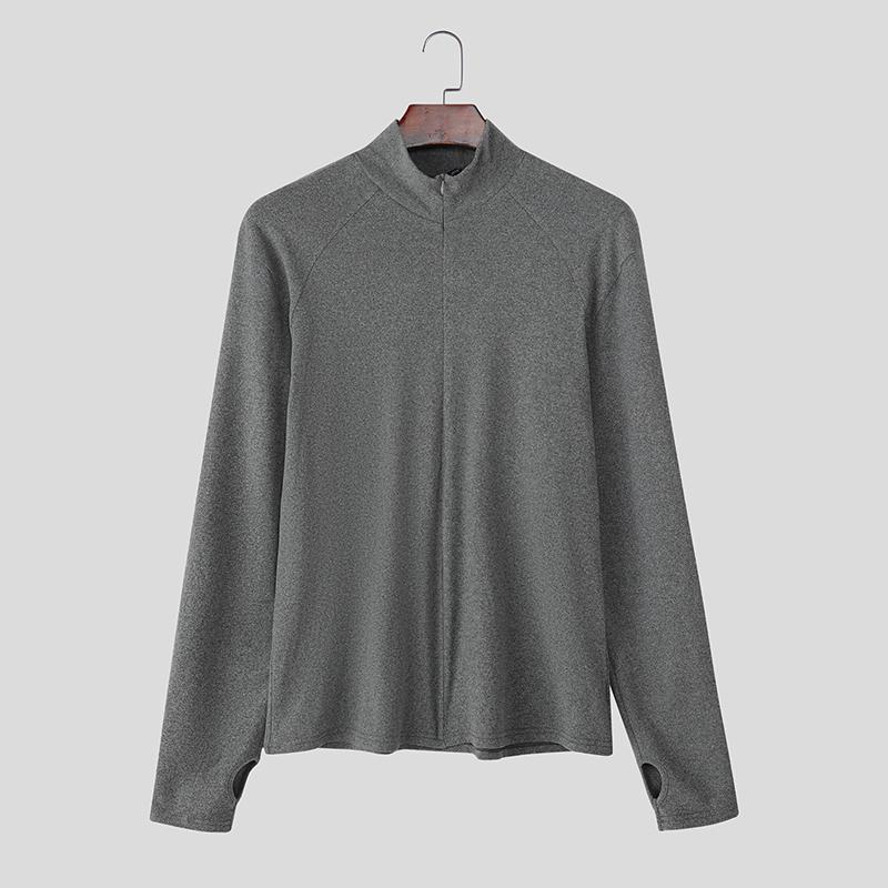 

INCERUN Spring Men Turtleneck Long Sleeve Zip-up Fitted T-shirts Tops Undershirts 5XL серый