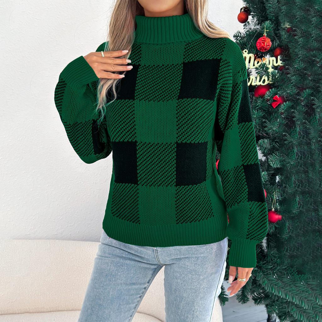 Women's Christmas Casual Color Block Plaid Long-Sleeved Turtleneck Sweater