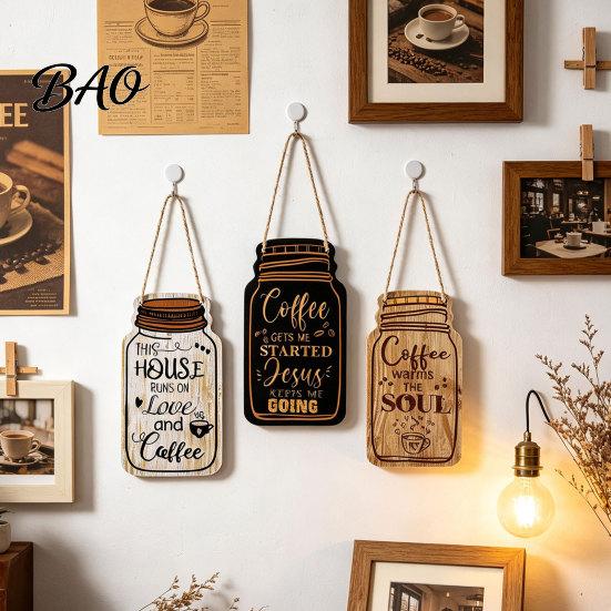 Housewarming Gift for Coffee Lovers 3Pcs Wooden Mason Jar Hanging Sign, Rustic Theme Wall Decor with Bar Sign Hemp Rope, Decorative Pendant Farmhouse