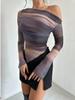 Women's Off Shoulder Long Sleeve Slim Fit Street Print Mesh Blouse T-Shirt