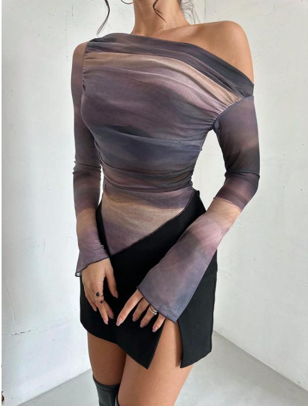 Women's Off Shoulder Long Sleeve Slim Fit Street Print Mesh Blouse T-Shirt