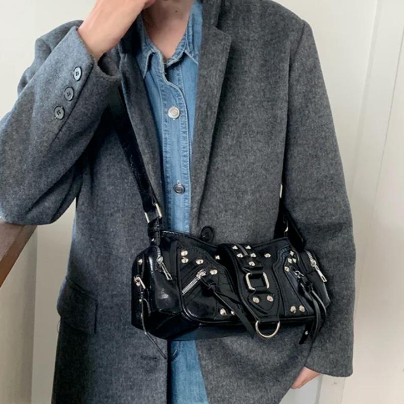 European American Y2k Studded Shoulder Bag Retro Motorcycle Bag Stylish Leopard Print Cow Print Handbag Designer Underarm Bag
