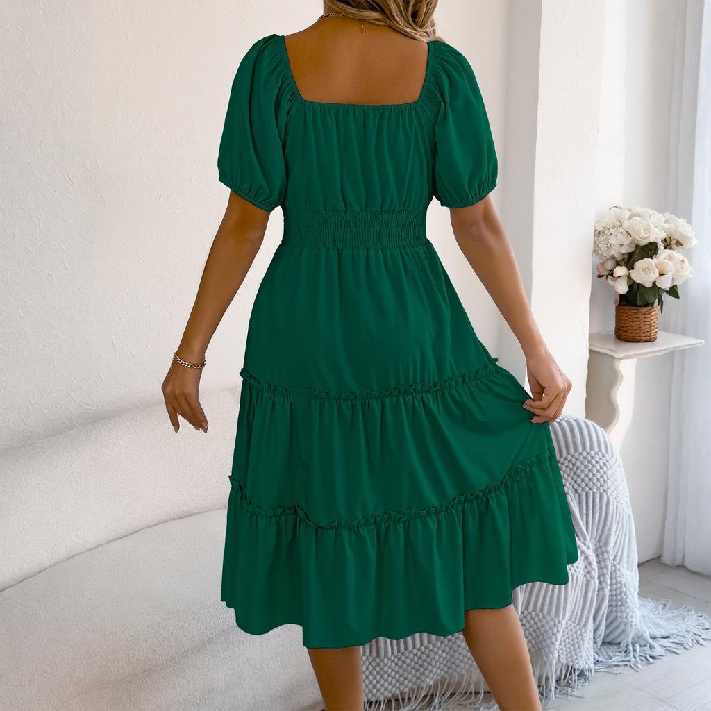 Women Square Neck Lantern Short Sleeve Ruffle Hem Loose Fit Midi Dress with Smocked Waist and Flared Skirt Design
