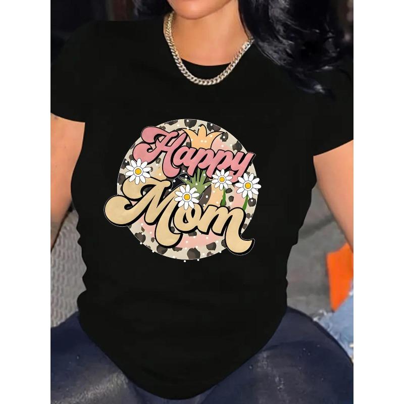 

Wo Black T-Shirt with Happy Mom Floral and Geometric Print - Casual Round Neck Top, Mother s Day Gift, Comfort Fit for Spring and Summer S чёрный