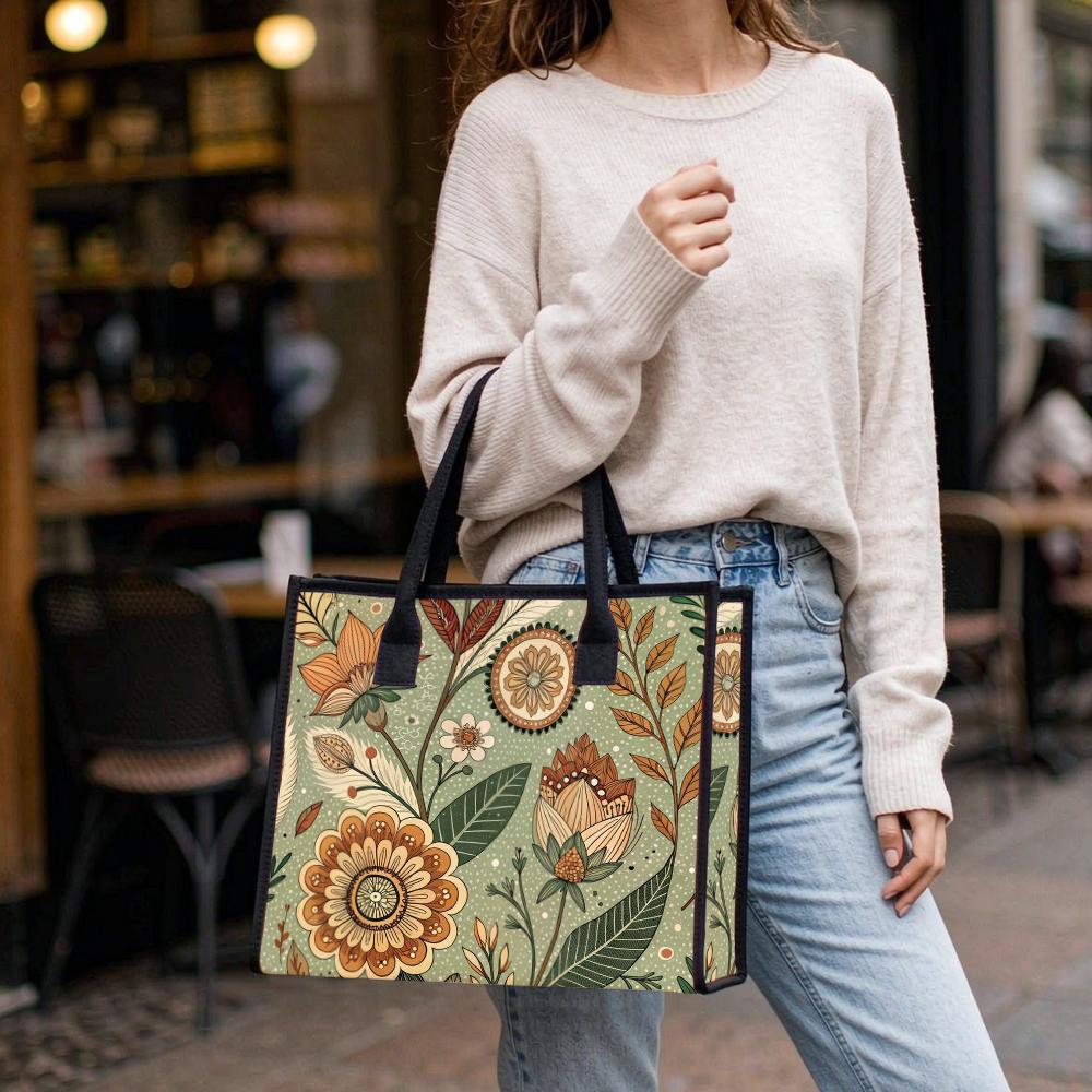 Vintage Floral Pattern Large Tote Bag for Daily Use Shopping Work Travel Portable Shoulder Handbag