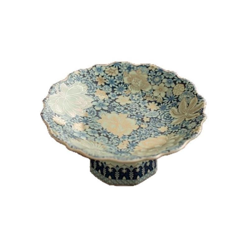 Blue and White Ru Porcelain Pedestal Fruit Plate Bowl Living Room Coffee Table Home Decor Ceramic Snack Dish Exquisite
