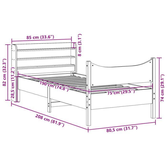 VidaXL Cadre de lit avec tête de lit 75x190 cm bois de pin massif, sommier, cadre de lit simple, cadre de lit en bois massif 3307068