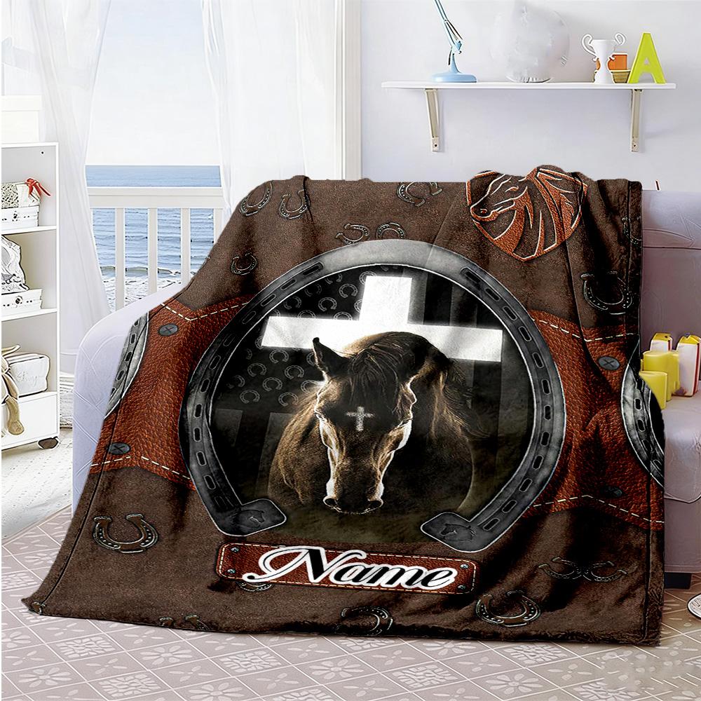 Retro Horse Personalized Name Blanket Multi-purpose Customizable Blanket Comfortable Throw For Nap Living Room Office Seaside All-Season Use