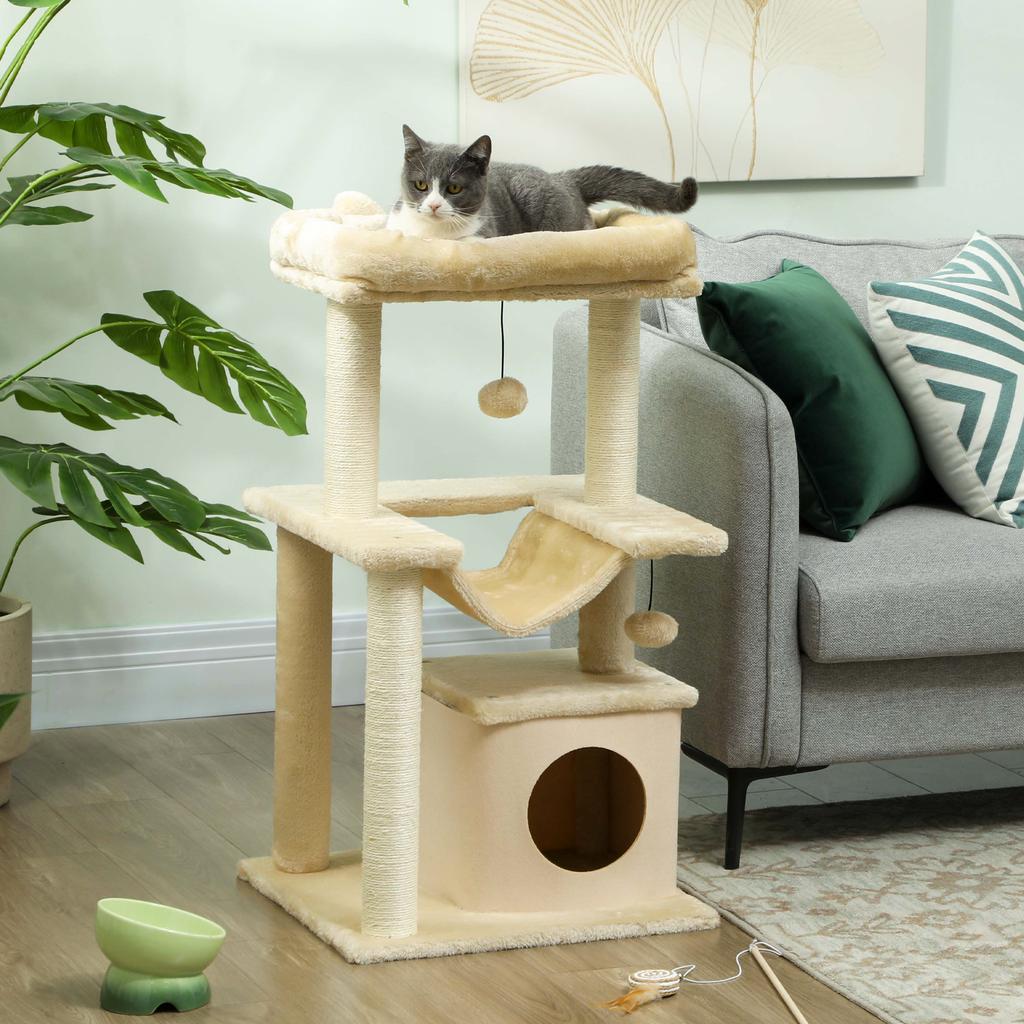 Cat Tree 90cm Cat Tower With Sisal Scratching Posts Cat Condo Hammock Top Perch And 2 Hanging Toys For Cats Beige