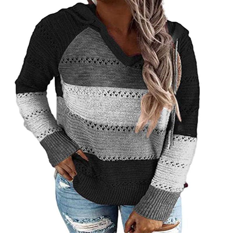 Herbst Winter Patchwork Kapuzenpullover für Damen Langarm V-Ausschnitt Slim Pullover Tops Jumper Übergröße Weibliche Strickpullover