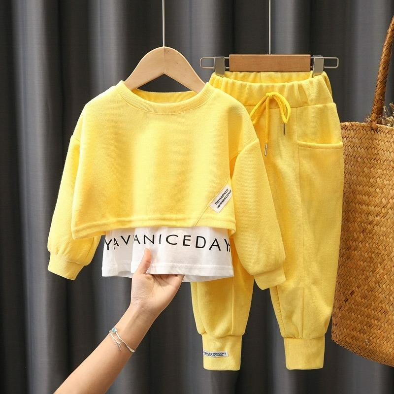 

Girls Suits, Autumn Clothes, Children s Long-sleeved Fake Two-piece Tops, Casual Pants, Children s Sportswear, Two-piece Suits, Women 100 жовтий
