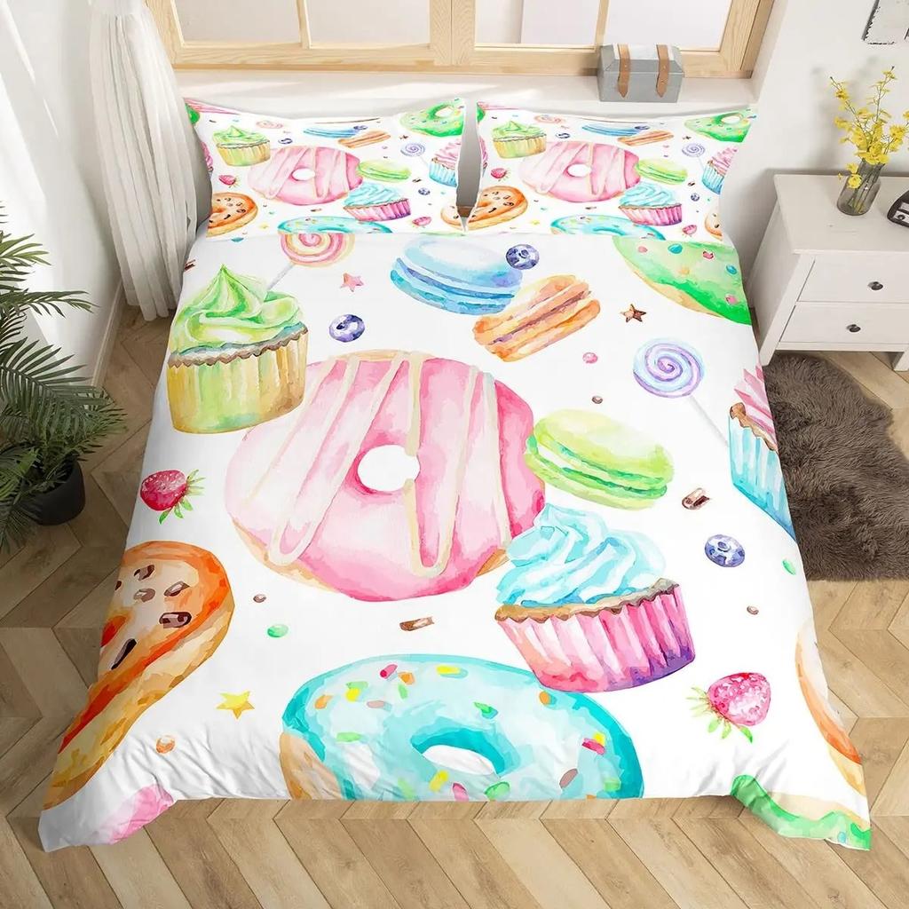 Kawaii Donut Duvet Cover Set Colorful Sweet Doughnut Bedding Set Delicious Dessert Pink Purple Comforter Cover Girls Room Decor