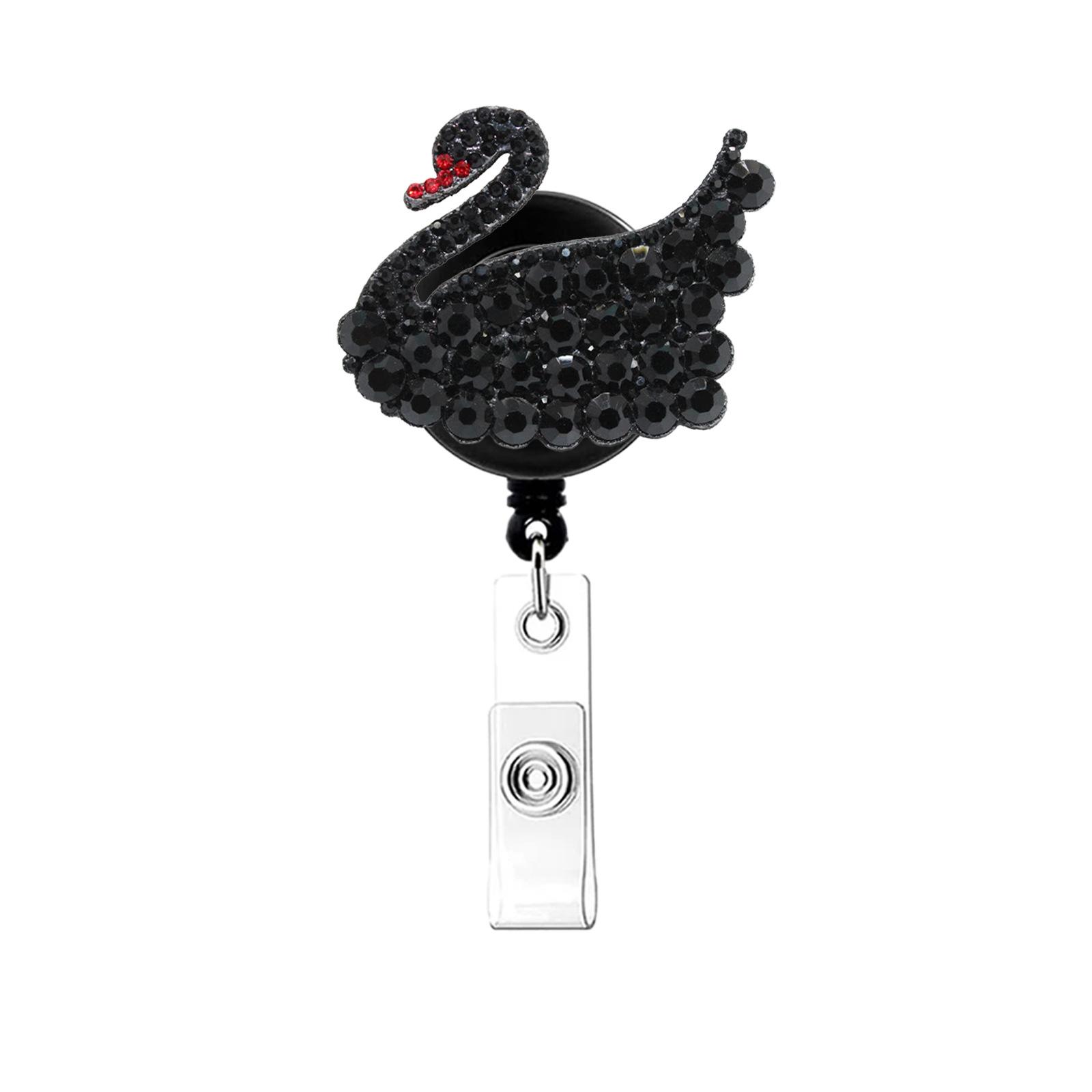 

Swan Rhinestone Badge Holder Reliable Swivel Alligator Clip Retractable Badge Reel Convenient Id Holder Reel For Office чёрный