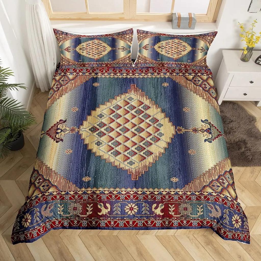 Tribal Floral Duvet Cover Set Bohemian Geometric Flowers Bedding Set Mysterious Indian Abstract Grid Quilt Cover Twin King Size