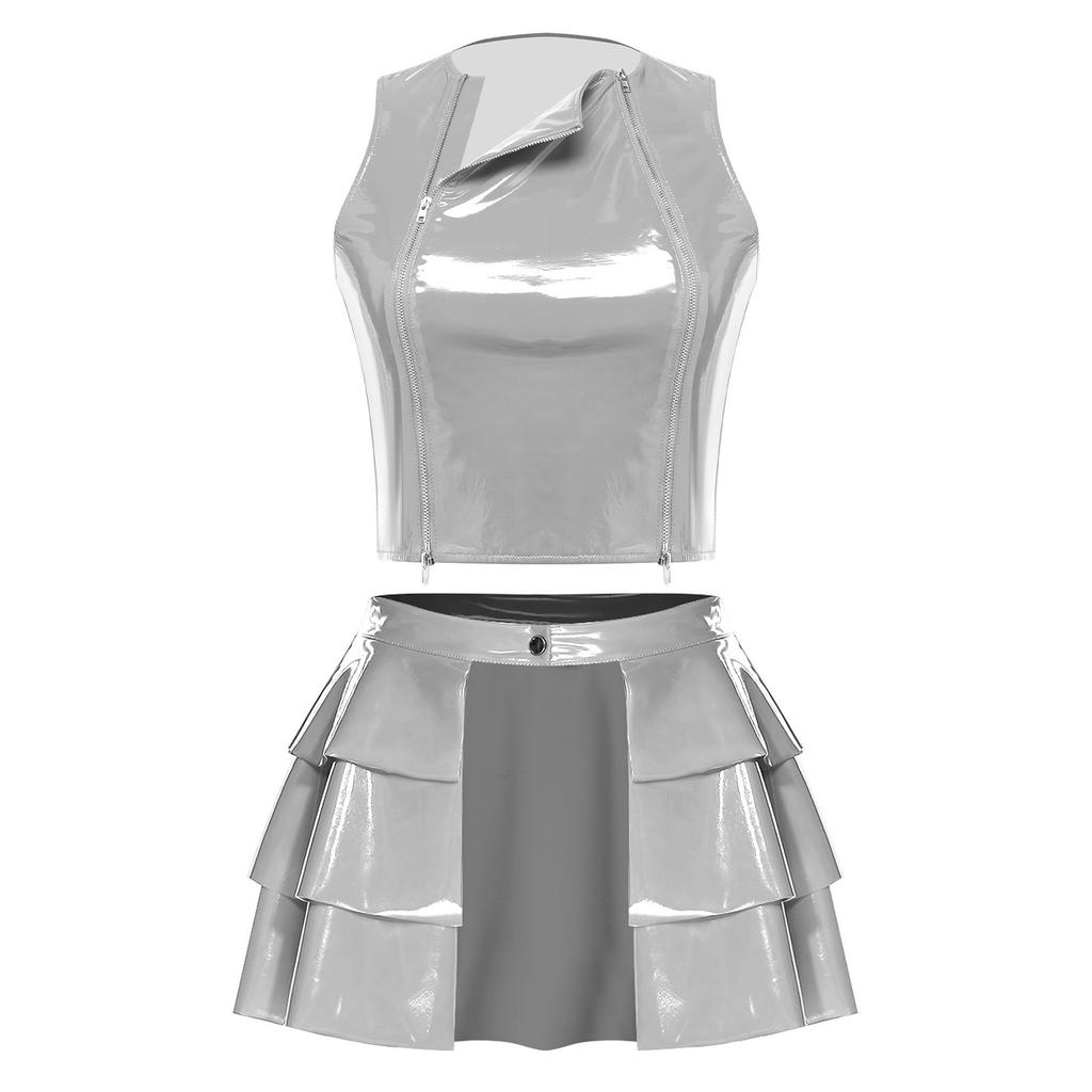 Women PU Crop Top and Skirt Set Front Dual Zippers Sleeveless Vest Top Open Front Tiered Ruffled Hem Miniskirt
