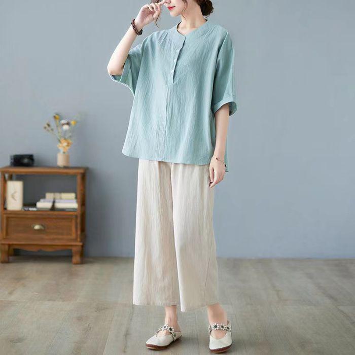Chic 2025 Summer Linen Top & Shorts Set for Middle-Aged Women - Plus Size, Solid Color, Casual Short Sleeve