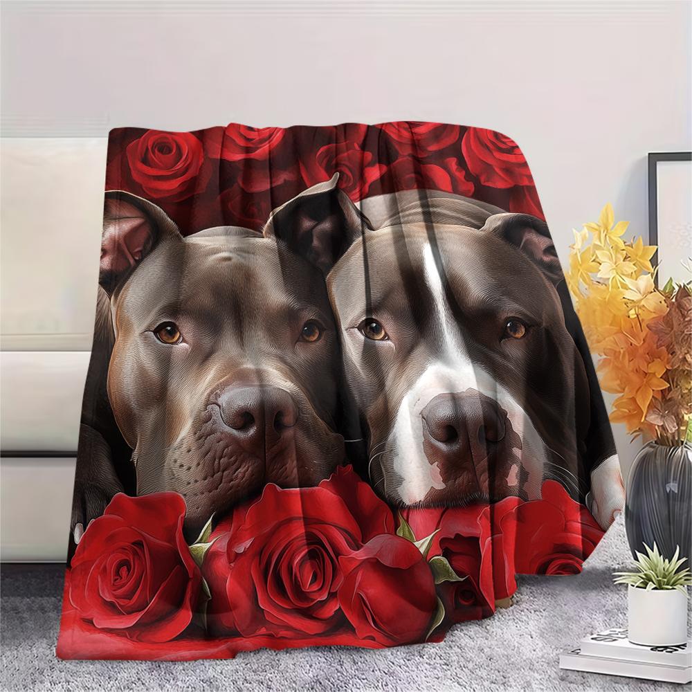 Pitbull a růže, vzor Flanelová deka, Vysoká kvalita, Pohodlná pro všechna roční období, Domácí dekorace, Teplo a pohodlí, Ideální pro dárky.