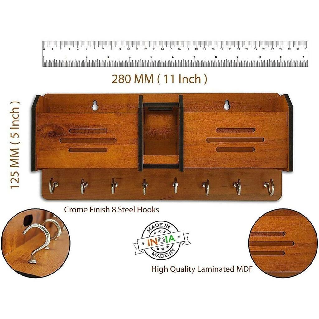 multipurpose design Wood Key Holder  (8 Hooks, Brown)