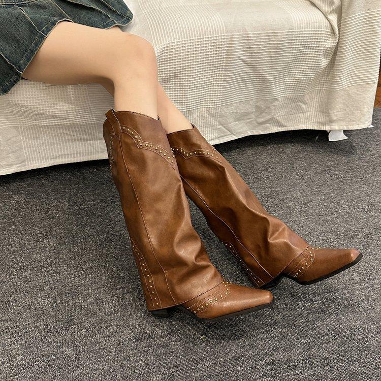 

[youshilai] Retro rivet pointed high trouser boots 2025 new autumn and winter small long boots 40