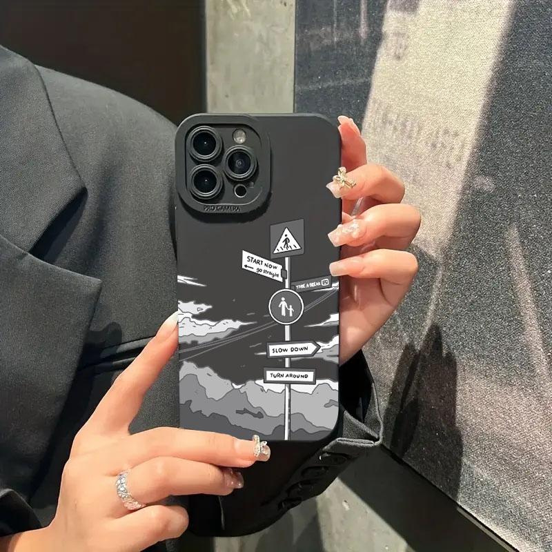Simple Oil Painting Road Sign Silicone Phone Case For iPhone 16 15 14 13 12 11 Pro Max XS XR 7 8 Plus SE Shockproof Soft Cover