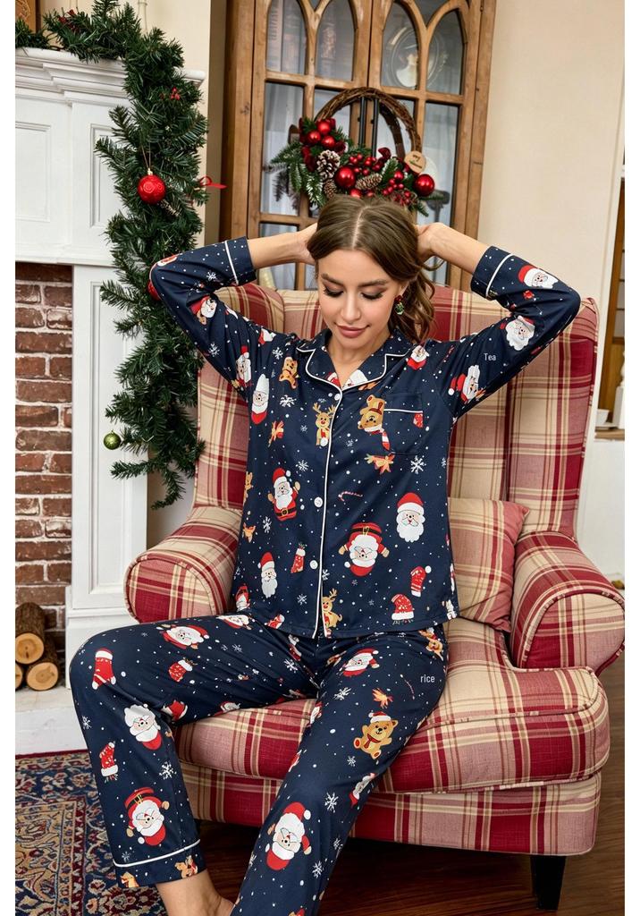 European & American Women's Christmas Lapel Pajama Set - Casual Style, Long Sleeve & Pants