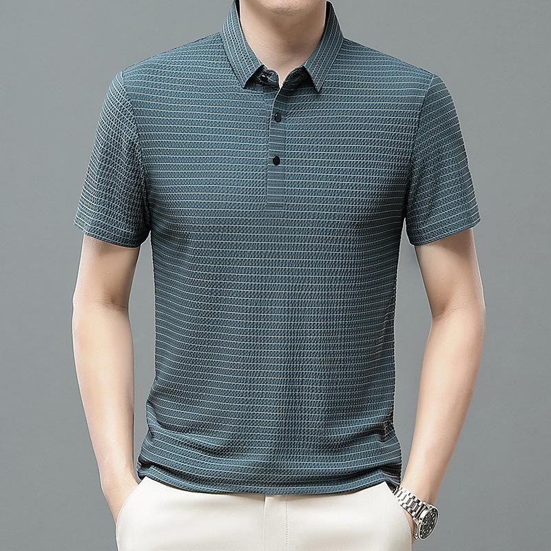 

Футболка с короткими рукавами, мужская, с лацканами, высококачественная, полосатая, с коротким рукавом, рубашка-поло для отца среднего возраста, мужская одежда XXXL