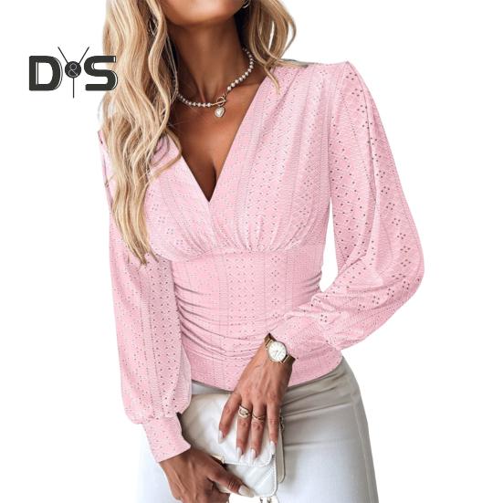 Damen-Shirt mit V-Ausschnitt, langen Ärmeln, hohles Design, T-Shirt, tailleneng, lässig, Sommeroberteile, einfarbig