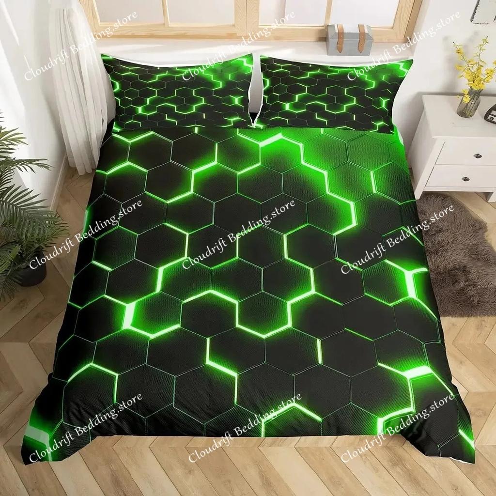 Geometric Duvet Cover Multicolor Honeycomb Hexagon Bedding Set Geometric Theme Metal Texture Streamline Polyester Qulit Cover