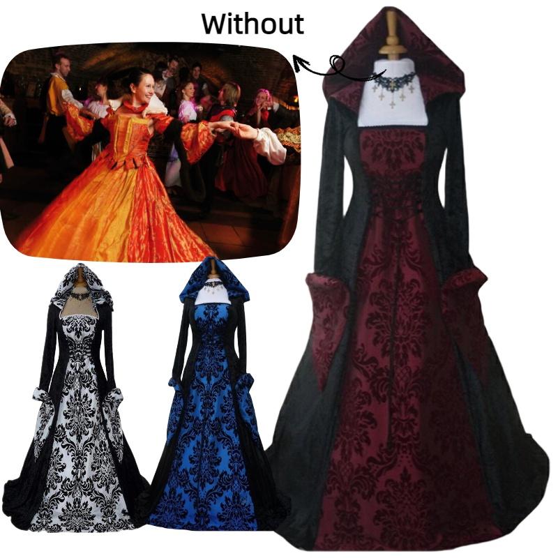 Stylish And Elegant European And American Women's Banquet Medieval Hooded Swing Dress With Floral Print Retro And Artistic Long Sleeves And Waist Tie