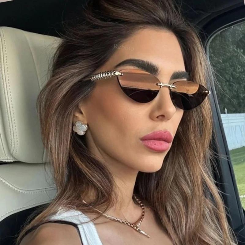 

Luxury Rimless Cat Eye Sunglasses for Women, Trendy Narrow Oval Shades with Rivet Decor UV400 Protection United States