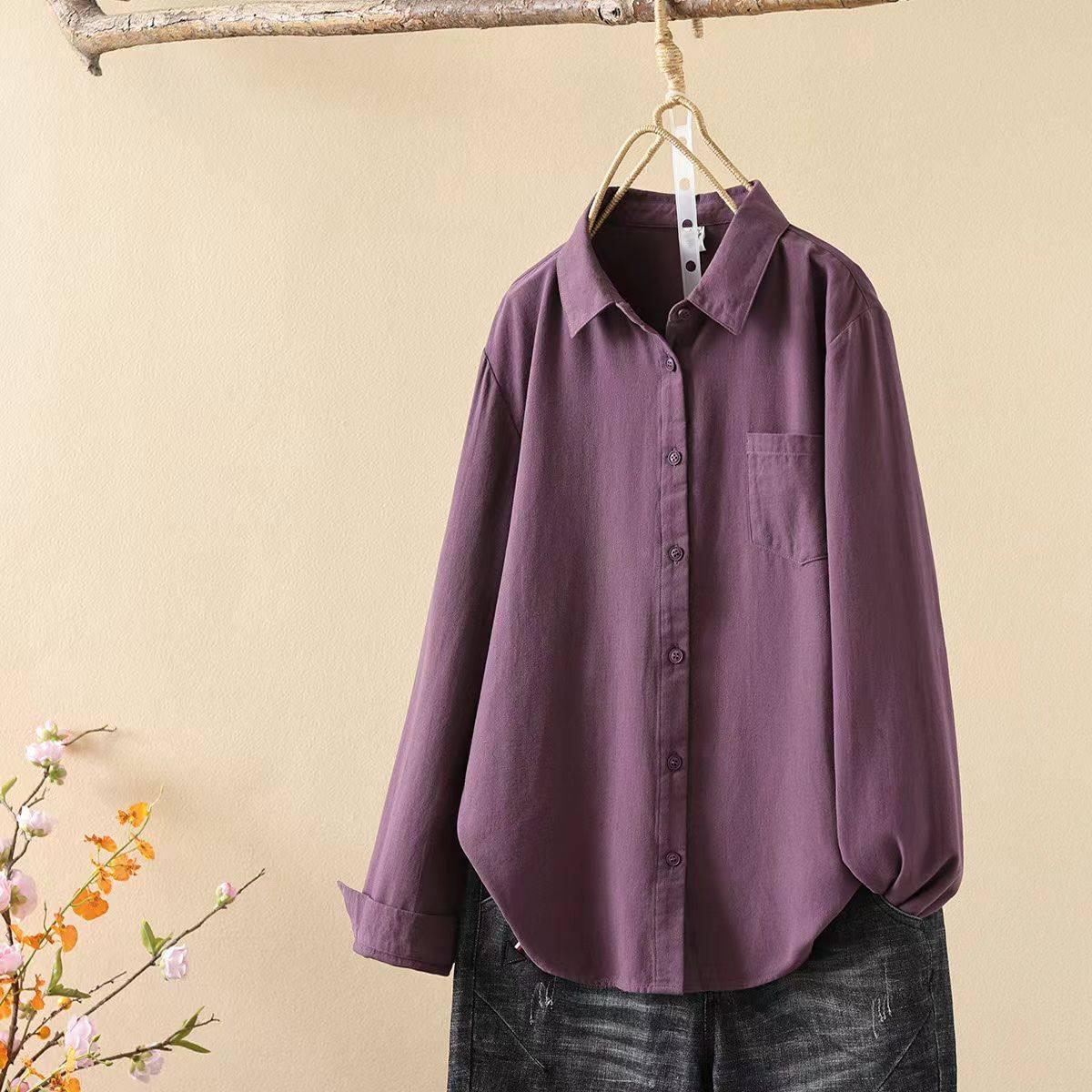 20256 Spring/Autumn Literary Twill Brushed Long Sleeve Cotton Loose Solid Shirt M (recommended 80-110 jin)