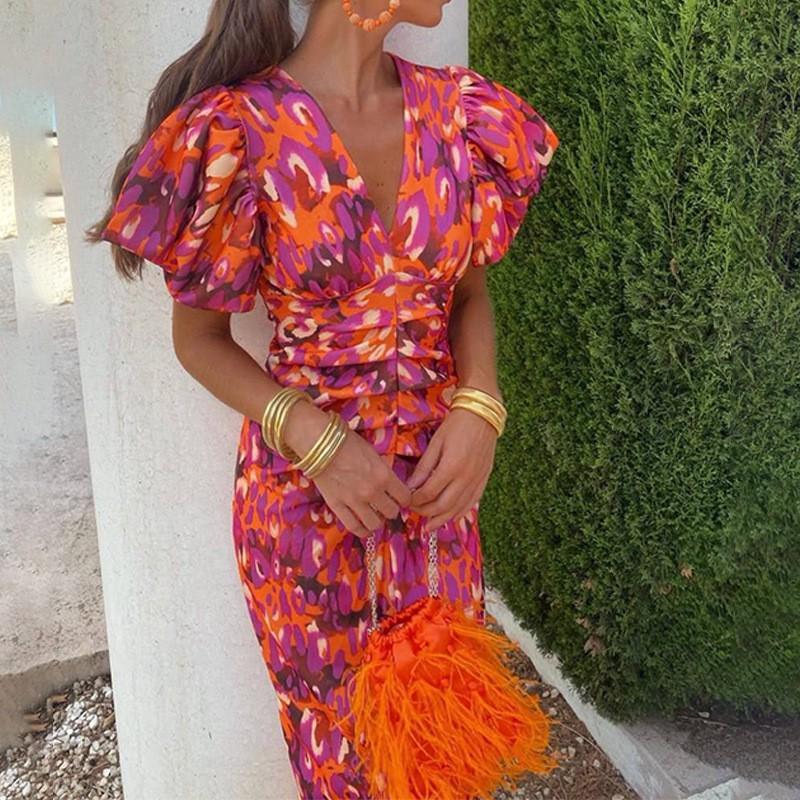 2026 Womens Loose Floral Print A-Line Maxi Dress With V-Neck High Waist Short Sleeve Small