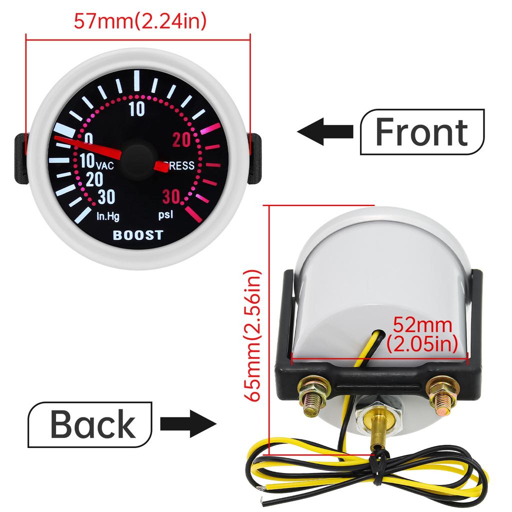 Universal 12V Auto Car 52mm Smoke Len Pointer Boost Gauge -1~0~2 BAR Turbo Boost Meter White LED PSI Turbo Pressure Gauge
