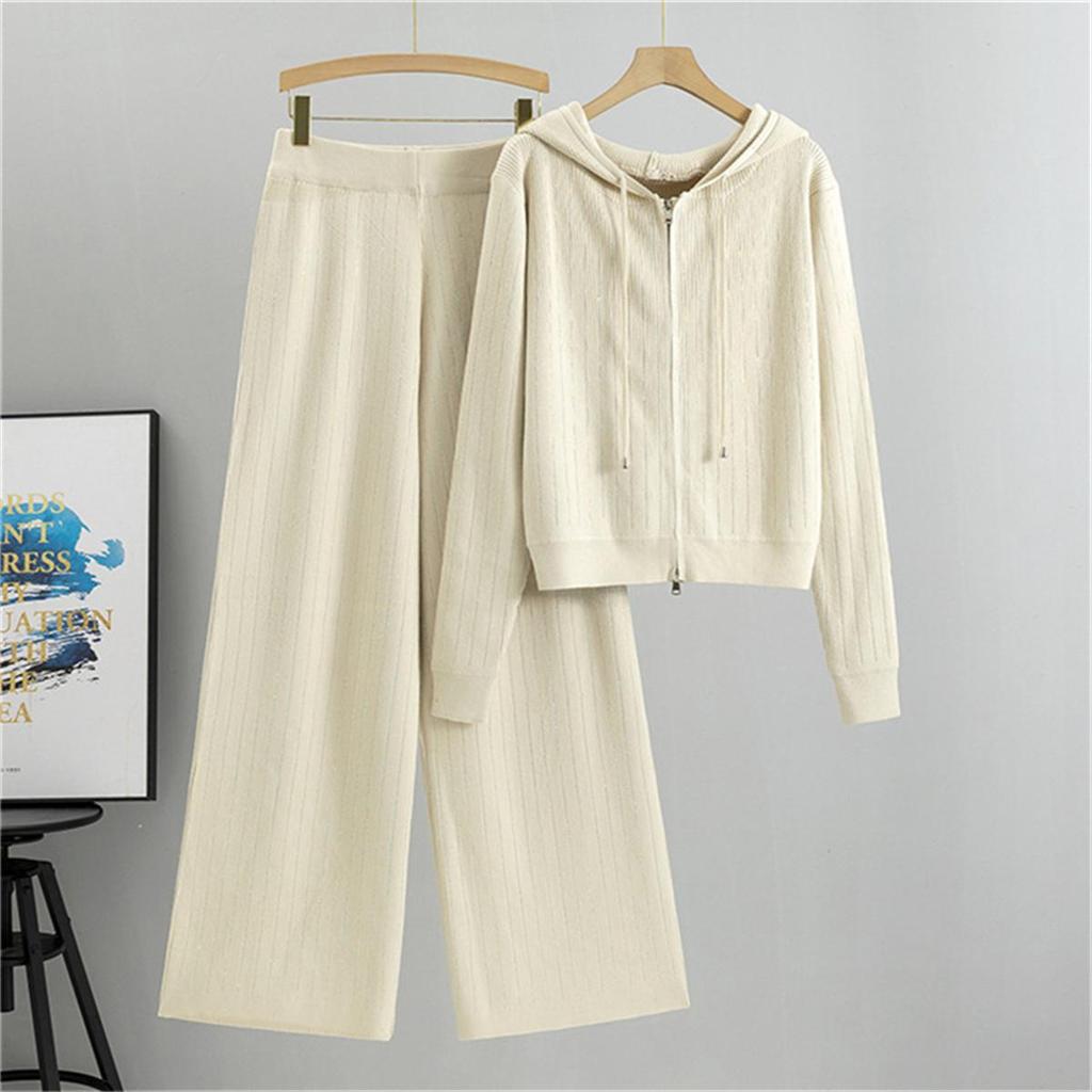 Women's Wide Leg Pants Hooded Knitted Cardigan Two Piece set Women's Autumn Fashion Loose Casual Suit
