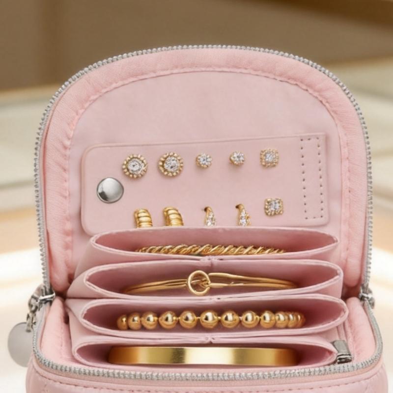Compact Travel Jewelry Storage Case with Zip-Around Closure and Sectioned Space for Earrings Rings Necklaces Use