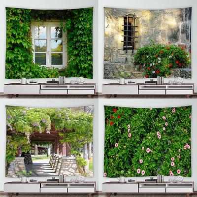 Home Decor Wall Hanging Tropical Garden Landscape Tapestry Waterfall Flower Tree Vintage Brick Vine Plant Park Natural Scenery