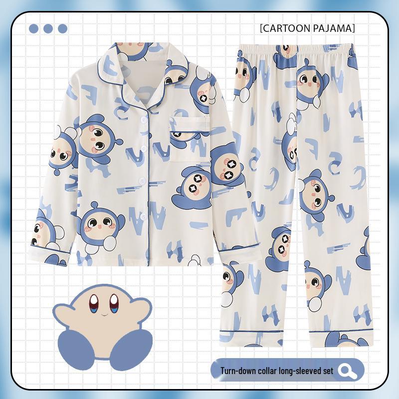 Children's Cartoon Print Pajama Set - Long Sleeve Cardigan with Turn-Down Collar, Imitation Cotton, for Spring and Autumn